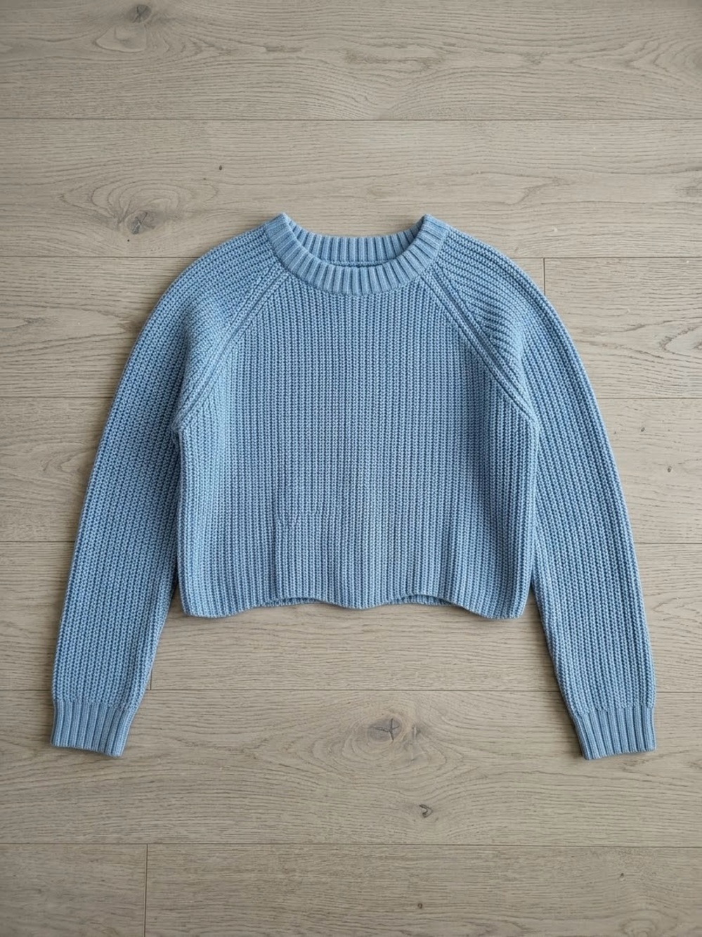 Lush Periwinkle/Light Blue Knit Cropped Crewneck Sweater with Scalloped Hemline